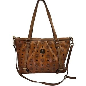 MCM Vintage Cognac Coated‎ Canvas Leather Trimmed Shoulder Bag Tote Purse